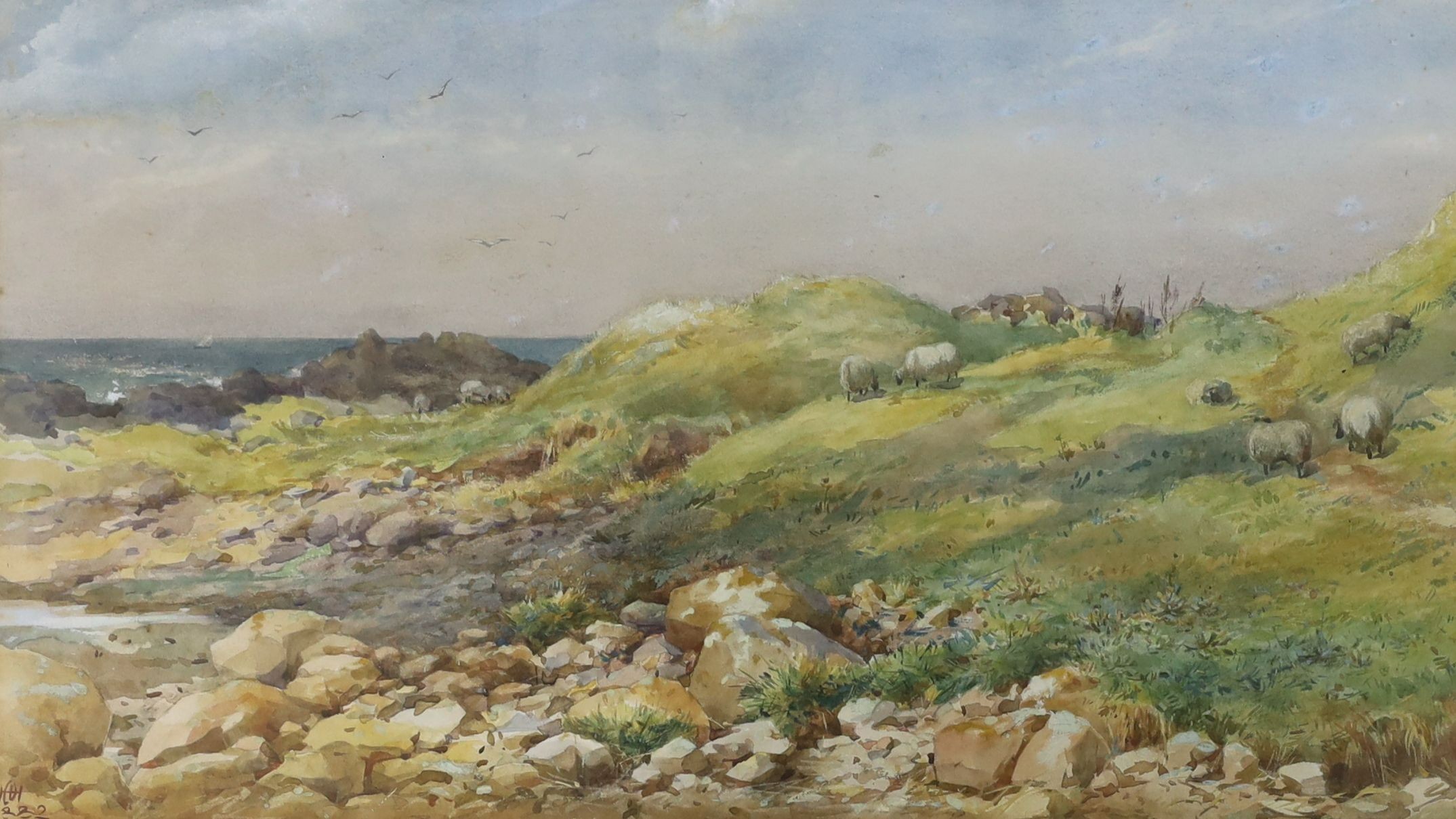 Helen O'Hara (1846-1920), watercolour, Sheep in a coastal landscape, monogrammed and dated 1882, 23 x 41cm